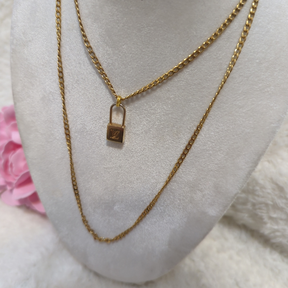 Louis Vuitton Gold Padlock Necklace Upcycled Authentic Brass/ Stainless Steel